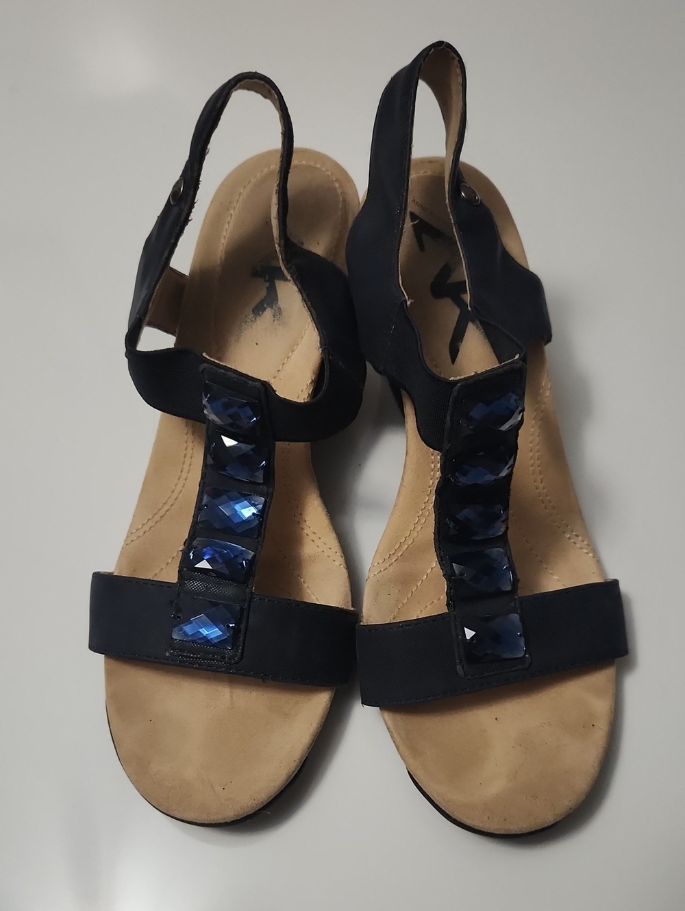 AK Women's Navy Jewel T-Strap Sandals